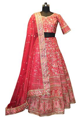 Pink Embroidered Art Silk Unstitched Lehenga 4