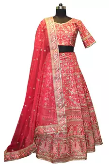 Pink Embroidered Art Silk Unstitched Lehenga
