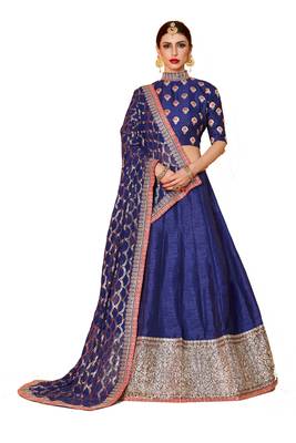 Comely Navy Blue Embroidered Art Silk Semi Stitched wedding Lehenga 1