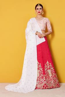 Pink Embroidered Art Silk Semi Stitched wedding lehenga