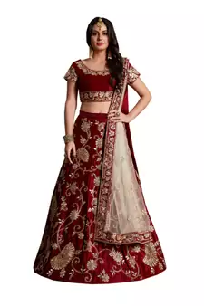 Marvellous Maroon Zari And Sequins Embroidered Semi Velvet Semi Stitched lehenga choli for wedding