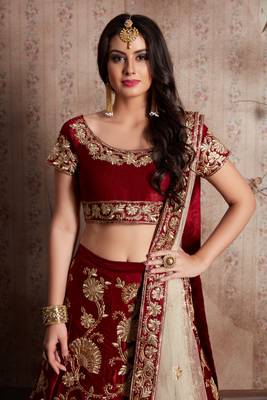 Maroon Zari And Sequins Embroidered Semi Velvet Semi Stitched Lehenga Choli For Wedding 3