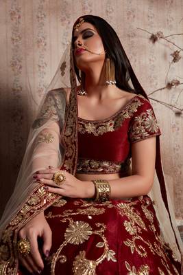 Maroon Zari And Sequins Embroidered Semi Velvet Semi Stitched Lehenga Choli For Wedding 4