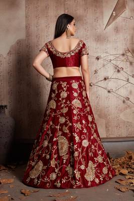 Maroon Zari And Sequins Embroidered Semi Velvet Semi Stitched Lehenga Choli For Wedding 5
