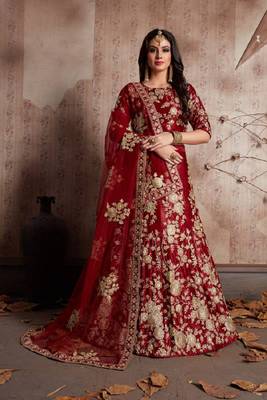 Mesmerizing Maroon Dori & Sequins embroidered semi velvet semi stitched wedding Lehenga 2