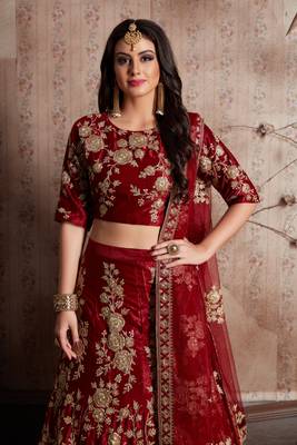 Mesmerizing Maroon Dori & Sequins embroidered semi velvet semi stitched wedding Lehenga 3