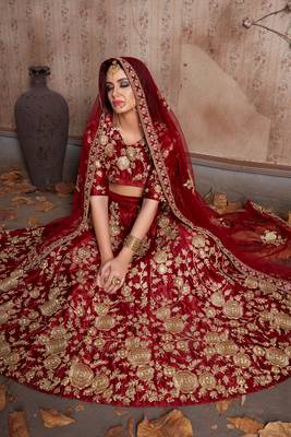 Mesmerizing Maroon Dori & Sequins embroidered semi velvet semi stitched wedding Lehenga 4
