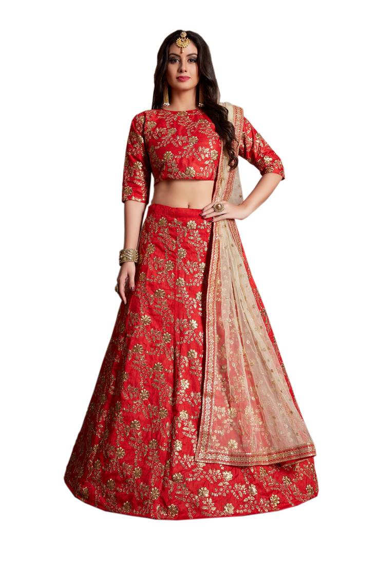 Red Embroidered Silk Unstitched Lehenga