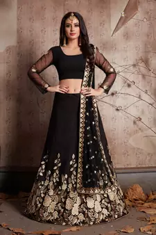  Black Dori Zari And Sequins Embroidered Crepe Lehenga Choli For Wedding
