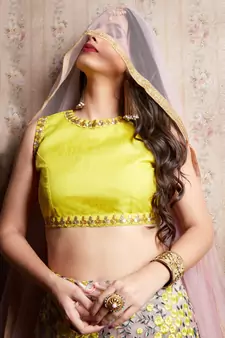 Baby Pink And Yellow Resham Embroidered Art Silk And Net Lehenga Choli