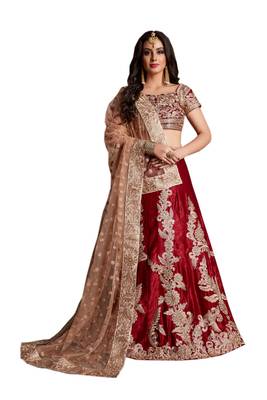 Maroon Embroidered Velvet Semi Stitched wedding lehenga 1