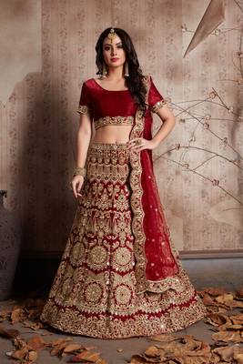 Women'S Red Velvet Resham Lehenga Choli Set 2