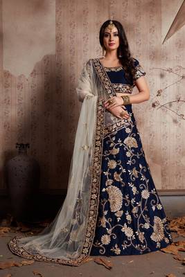 Navy Blue Velvet Stone Work Embroidered Traditional Lehenga Choli With Net Dupatta 2