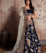 Navy Blue Velvet Stone Work Embroidered Traditional Lehenga Choli With Net Dupatta