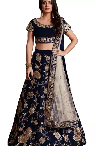 Navy Blue Velvet Stone Work Embroidered Traditional Lehenga Choli With Net Dupatta
