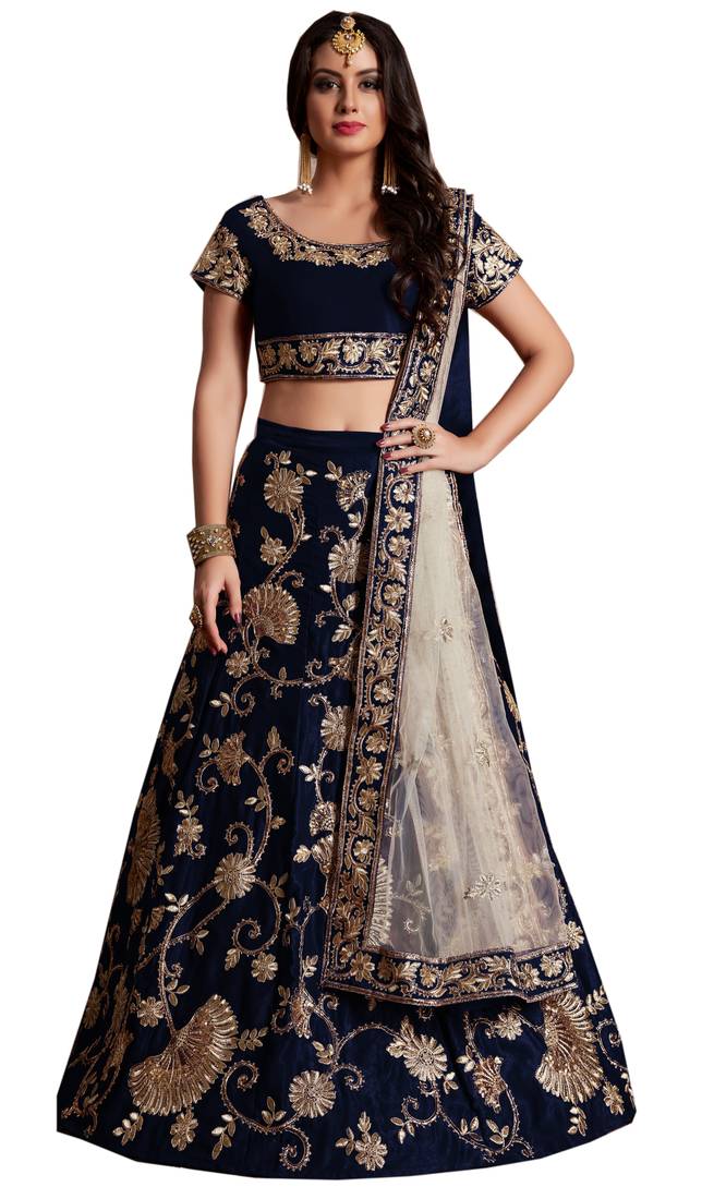 Navy Blue Velvet Stone Work Embroidered Traditional Lehenga Choli With Net Dupatta