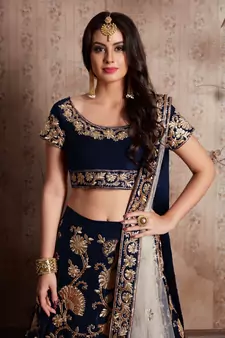 Navy Blue Velvet Stone Work Embroidered Traditional Lehenga Choli With Net Dupatta