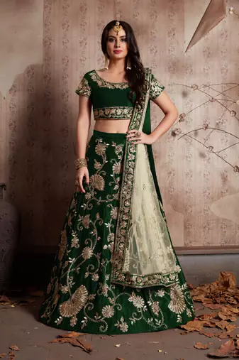 Gorgeous Forest Green Velvet Lehenga Set With Patchwork Embroidery
