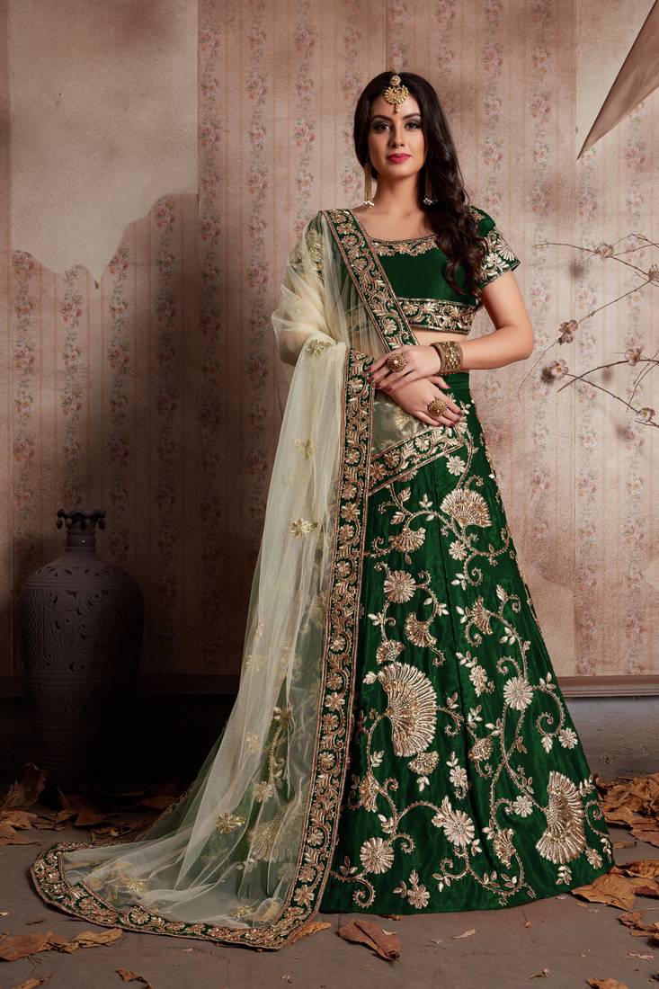  Forest Green Velvet Lehenga Set With Patchwork Embroidery