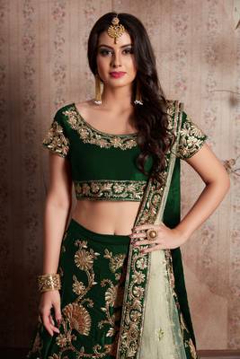  Forest Green Velvet silk Lehenga Set With Patchwork Embroidery 3