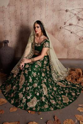  Forest Green Velvet silk Lehenga Set With Patchwork Embroidery 4