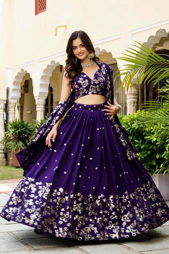 Gorgeous Purple Blue Dori & Sequins embroidered Vichitra Silk Indian latest designer wedding wear Lehenga choli