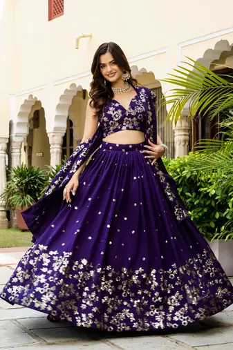 Gorgeous Purple Blue Dori & Sequins embroidered Vichitra Silk Indian latest designer wedding wear Lehenga choli