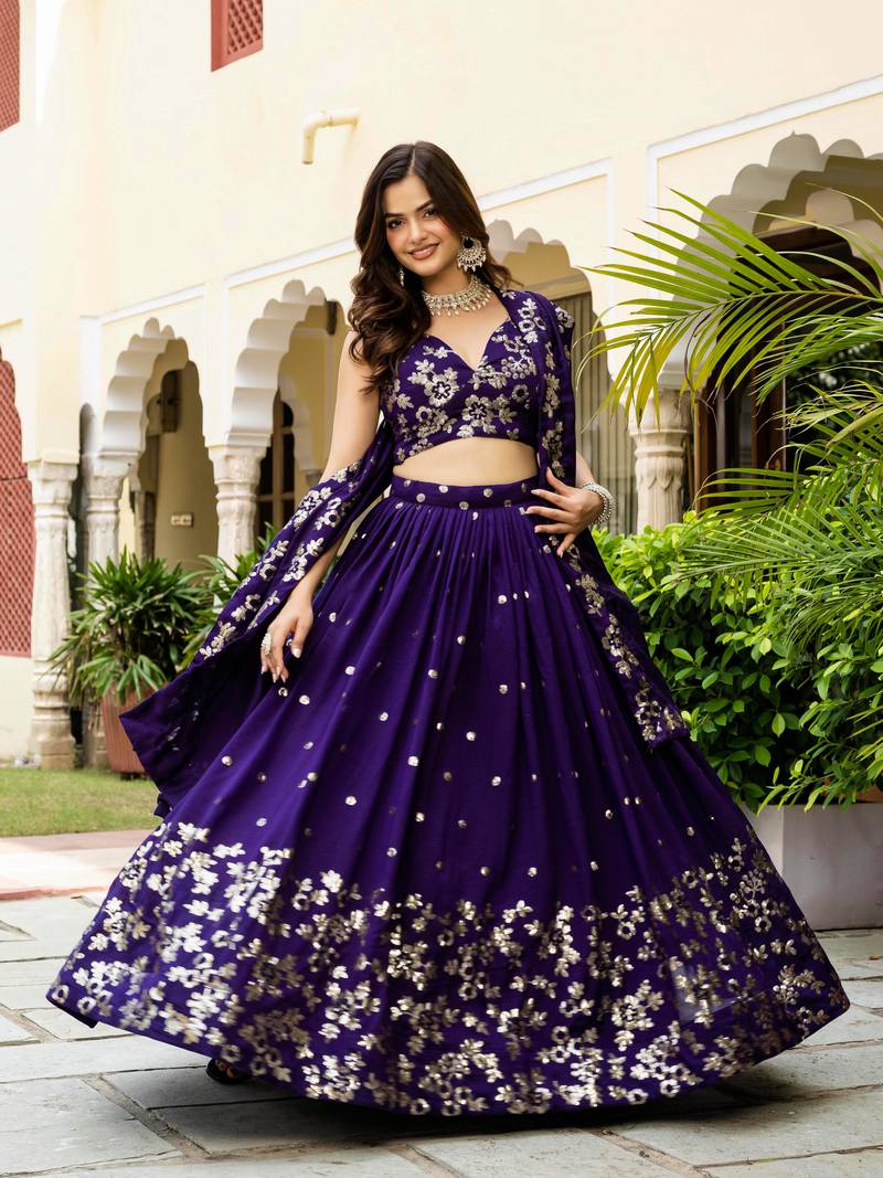 Gorgeous Purple Blue Dori & Sequins embroidered Vichitra Silk Indian latest designer wedding wear Lehenga choli