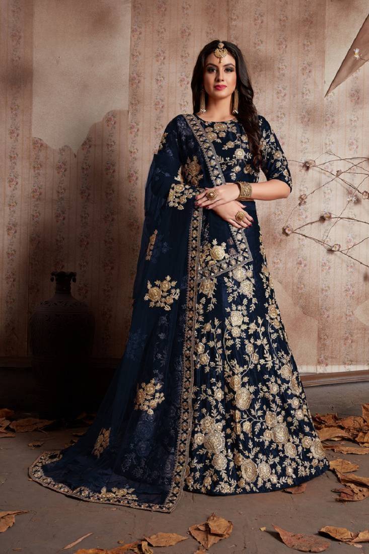 Gorgeous Blue Dori & Sequins embroidered semi velvet semi stitched Party wear Lehenga choli