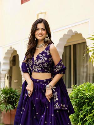 Gorgeous Purple Blue Dori & Sequins embroidered Vichitra Silk Indian latest designer wedding wear Lehenga choli 2