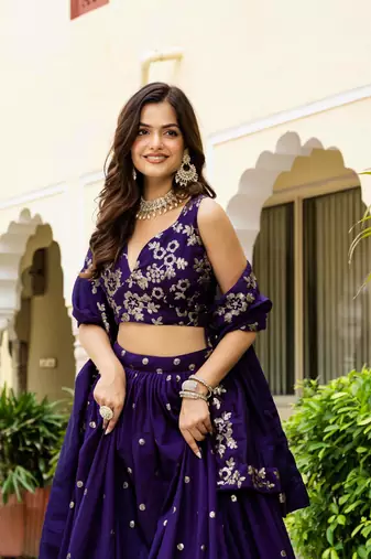 Gorgeous Purple Blue Dori & Sequins embroidered Vichitra Silk Indian latest designer wedding wear Lehenga choli