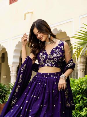 Gorgeous Purple Blue Dori & Sequins embroidered Vichitra Silk Indian latest designer wedding wear Lehenga choli 3