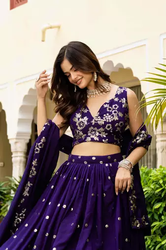 Gorgeous Purple Blue Dori & Sequins embroidered Vichitra Silk Indian latest designer wedding wear Lehenga choli