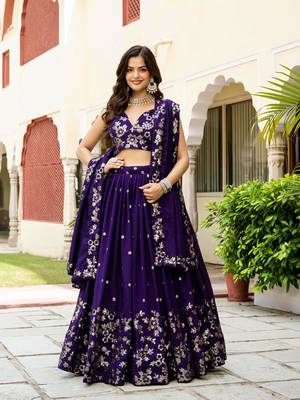Gorgeous Purple Blue Dori & Sequins embroidered Vichitra Silk Indian latest designer wedding wear Lehenga choli 4