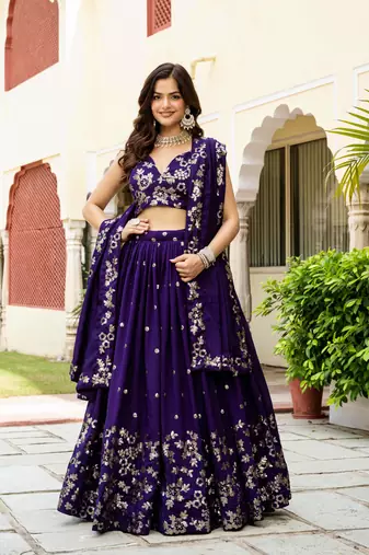 Gorgeous Purple Blue Dori & Sequins embroidered Vichitra Silk Indian latest designer wedding wear Lehenga choli