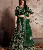  Green Dori And Sequins Embroidered Semi Velvet Semi Stitched Lehenga Choli For Bridal