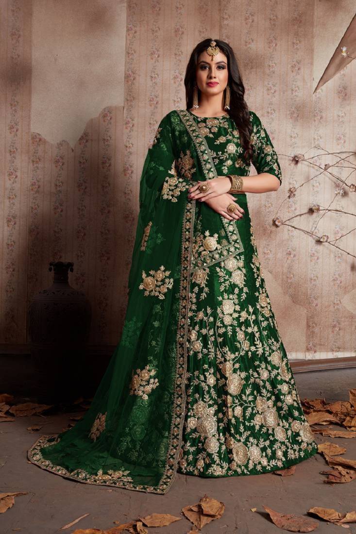  Green Dori And Sequins Embroidered Semi Velvet Semi Stitched Lehenga Choli For Bridal