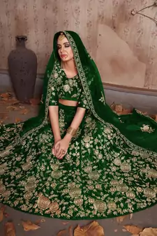  Green Dori And Sequins Embroidered Semi Velvet Semi Stitched Lehenga Choli For Bridal