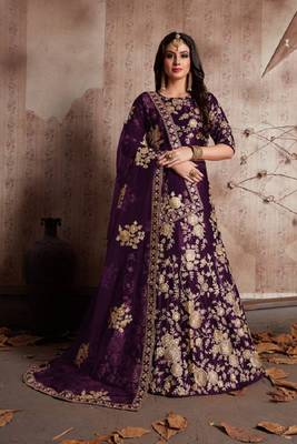 Wine Dori And Sequins Embroidered Velvet silk blend Semi Stitched Bridal Lehenga For Wedding 1