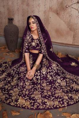 Wine Dori And Sequins Embroidered Velvet silk blend Semi Stitched Bridal Lehenga For Wedding 3
