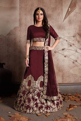 Maroon Embroidered Taffeta Silk Semi Stitched Choli With Dupatta 1