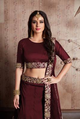 Maroon Embroidered Taffeta Silk Semi Stitched Choli With Dupatta 2