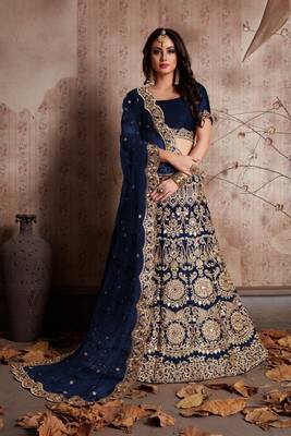 Navy Blue Lehenga Choli With Sequins Work And Net Dupatta - Semi-Stitched 2