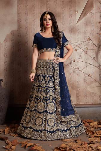 Navy Blue Lehenga Choli with Sequins Work and Net Dupatta - Semi-Stitched
