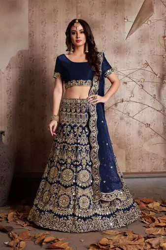 Navy Blue Lehenga Choli with Sequins Work and Net Dupatta - Semi-Stitched