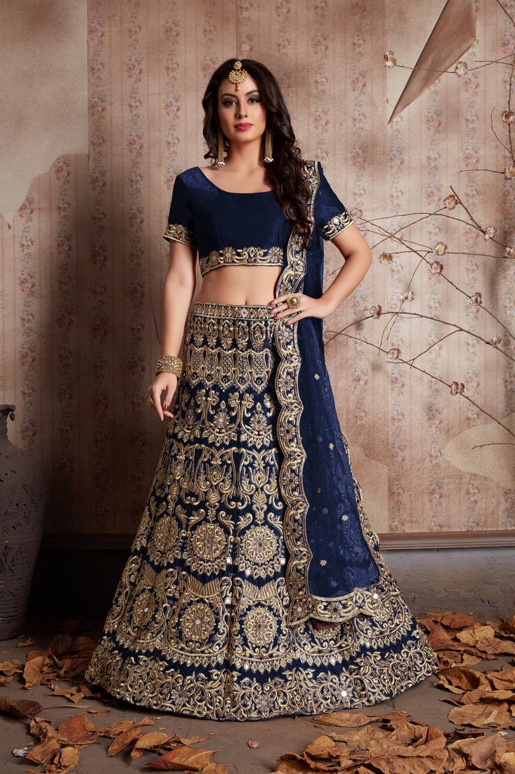 Navy Blue Lehenga Choli with Sequins Work and Net Dupatta - Semi-Stitched