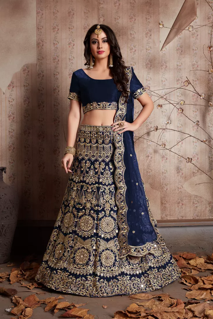 Navy Blue Lehenga Choli with Sequins Work and Net Dupatta - Semi-Stitched