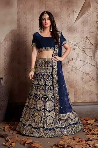 Navy Blue Lehenga Choli With Sequins Work And Net Dupatta - Semi-Stitched