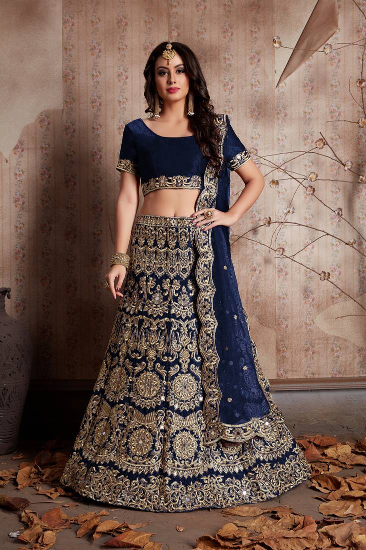 Navy Blue Lehenga Choli With Sequins Work And Net Dupatta - Semi-Stitched