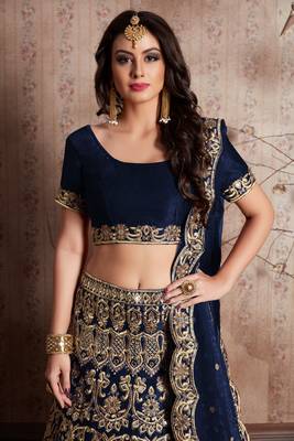 Navy Blue Lehenga Choli With Sequins Work And Net Dupatta - Semi-Stitched 5